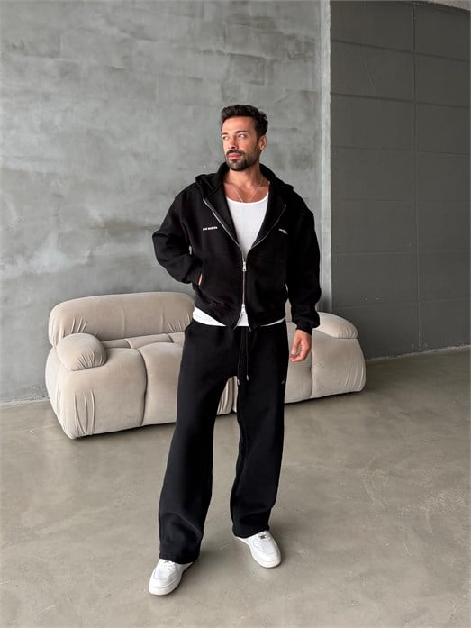 Siyah From Baskılı Yıkamalı Fırçalı 3 İplik Tam Zip Takım BRR 90106