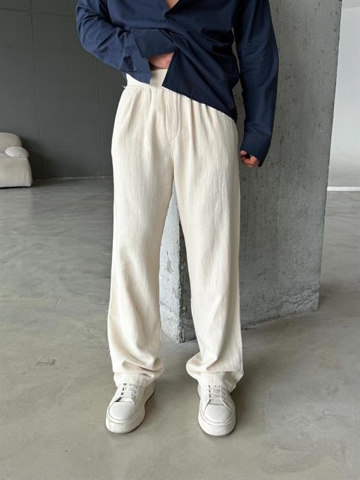 Bej Super Baggy Ham Keten Pantolon MSS
