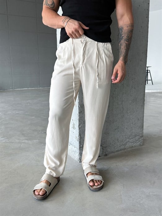 Bej Tensel Düğmeli Bağcıklı Bol Pantalon SNZ 1483