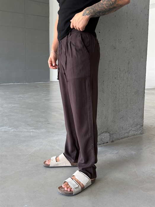 Kahve Tensel Düğmeli Bağcıklı Bol Pantalon SNZ 1483