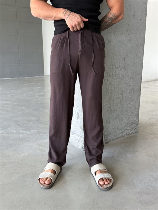 Kahve Tensel Düğmeli Bağcıklı Bol Pantalon SNZ 1483