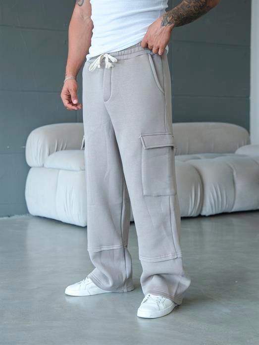 EşofmanKrem 3 İplik Kargo Cep Bol Paça Eşofman VS2005