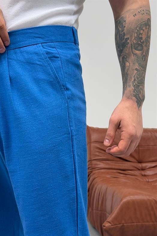 Saksmavi Flamlı Keten Pantolon PNC 4045