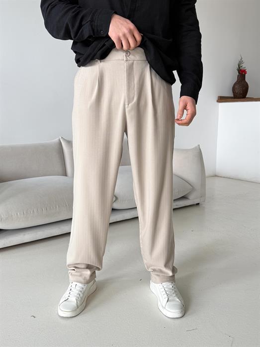 Bej Balık Sırtı Arka Lastikli Dokuma Pantalon PLZ 26409