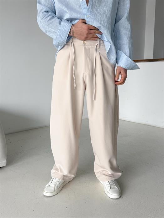 Bej Double Balon Kalıp Yarım Lastik Pantalon PNC 4068