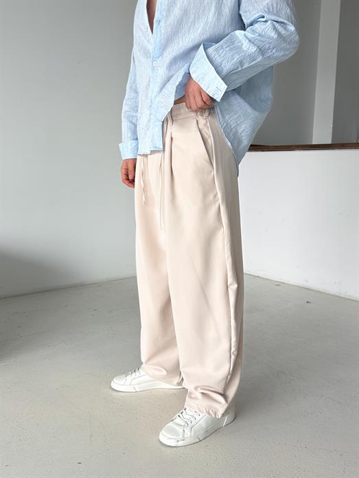 Bej Double Balon Kalıp Yarım Lastik Pantalon PNC 4068