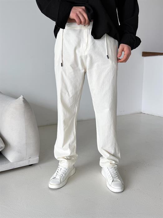 Bej Düğmeli Ham Keten Pantalon TK