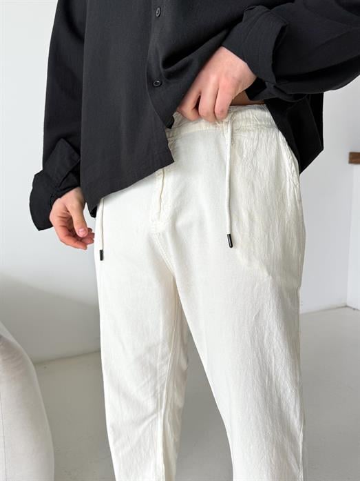 Bej Düğmeli Ham Keten Pantalon TK