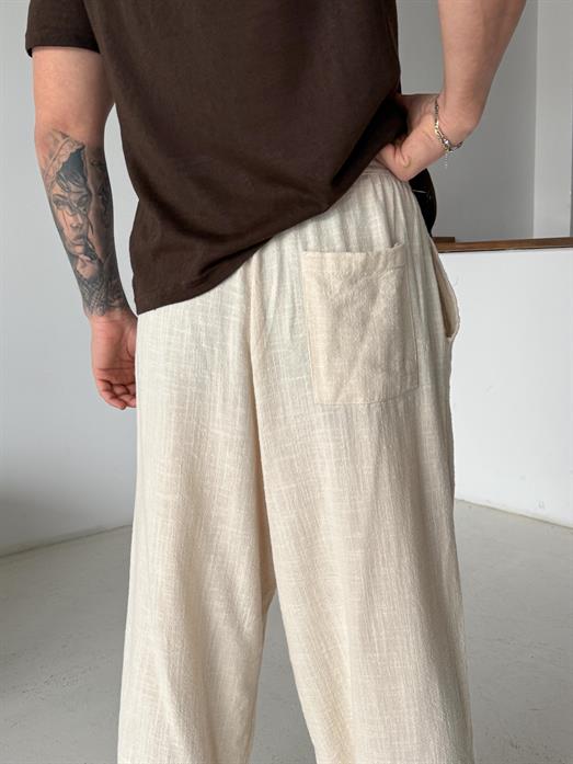 Bej Keten Baggy Yarı Lastikli Pantalon PNC 4060