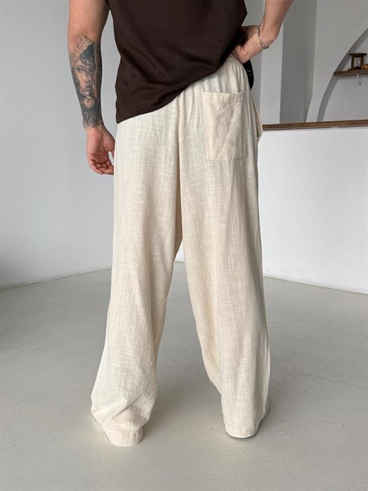 Bej Keten Baggy Yarı Lastikli Pantalon PNC 4060