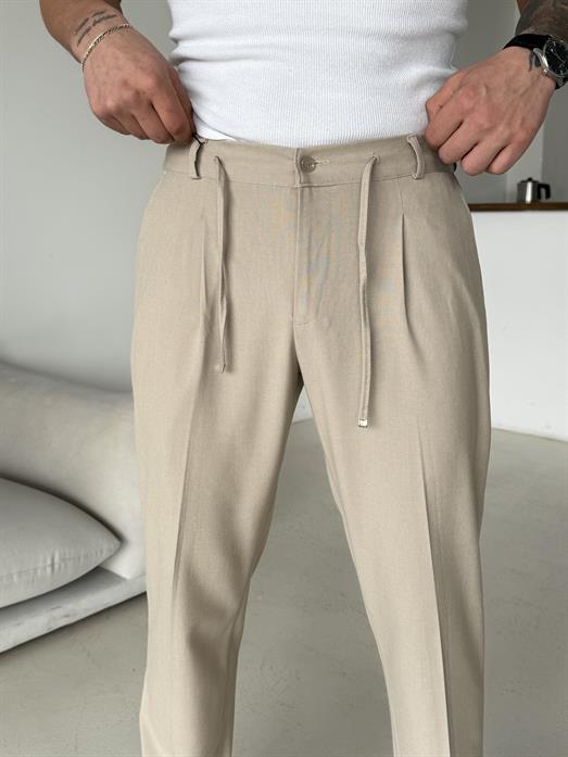 Bej Pileli Lastikli Bağcıklı Regular Kumaş Pantalon SC