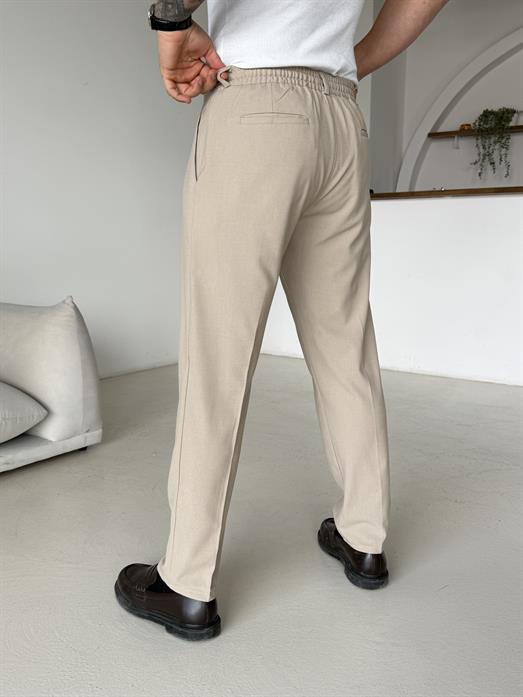 Bej Pileli Lastikli Bağcıklı Regular Kumaş Pantalon SC