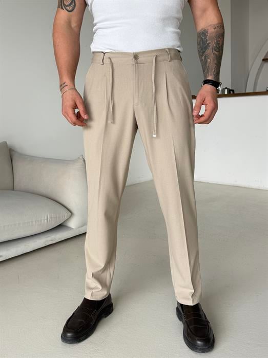 Bej Pileli Lastikli Bağcıklı Regular Kumaş Pantalon SC