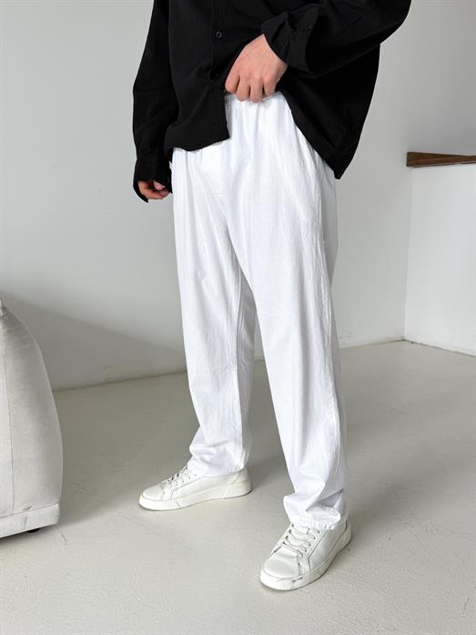 Beyaz Bel Lastikli Keten Pantalon TK