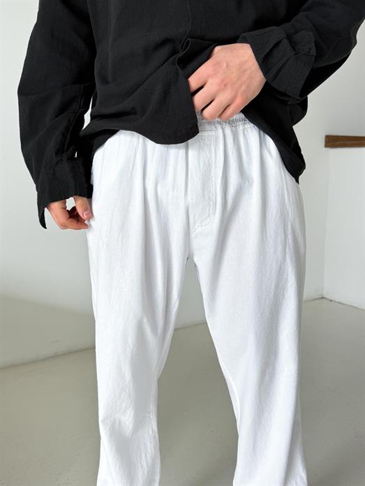 Beyaz Bel Lastikli Keten Pantalon TK