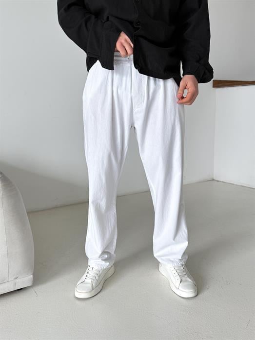 Beyaz Bel Lastikli Keten Pantalon TK