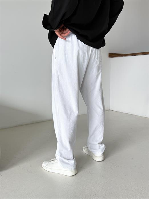 Beyaz Bel Lastikli Keten Pantalon TK