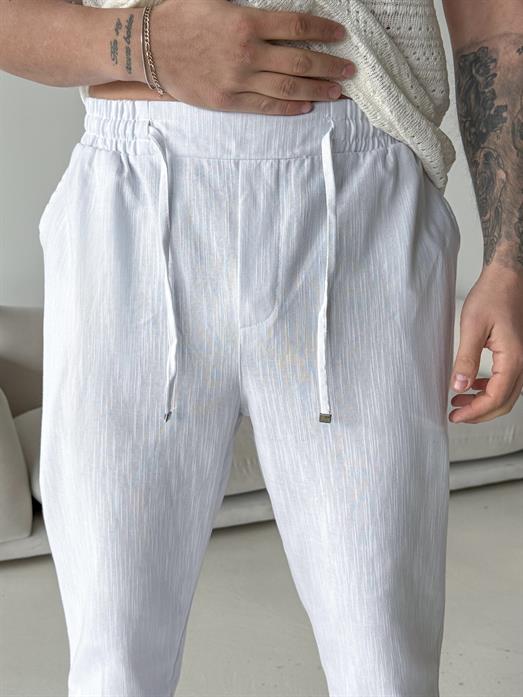 Beyaz Çizgi Keten Bağcıklı Pantalon LNS 23124