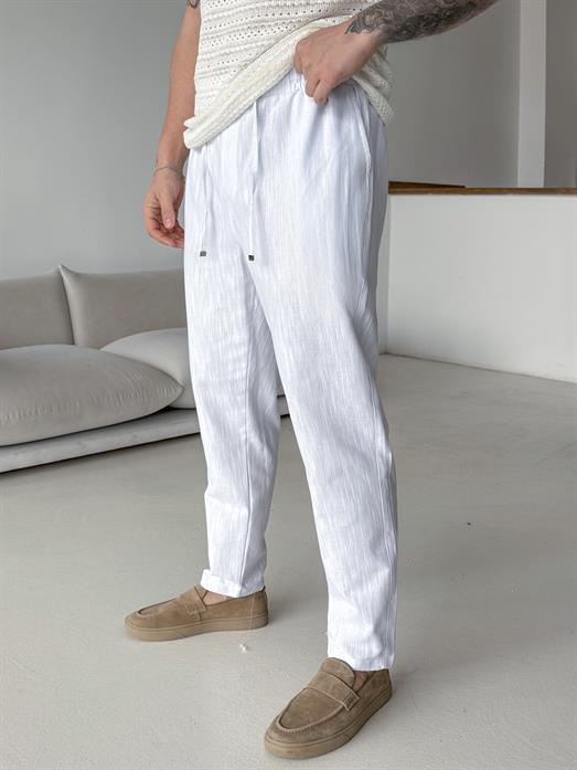 Beyaz Çizgi Keten Bağcıklı Pantalon LNS 23124