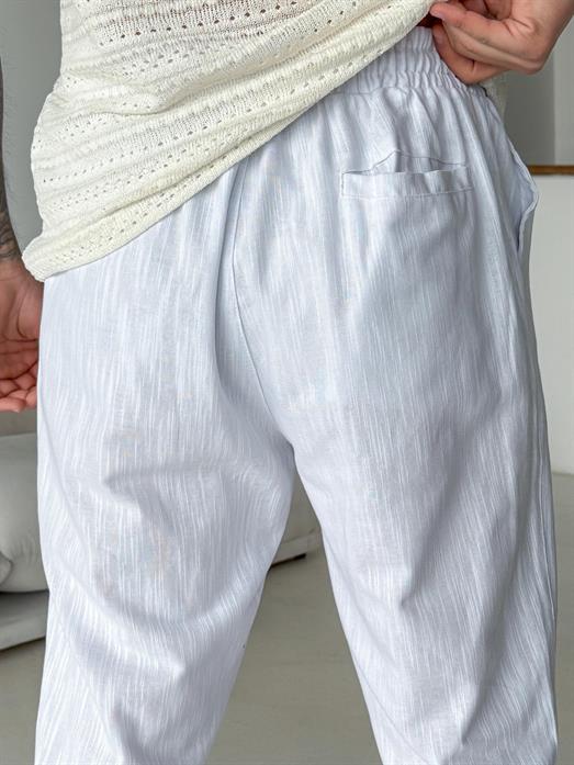 Beyaz Çizgi Keten Bağcıklı Pantalon LNS 23124