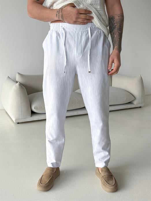 Beyaz Çizgi Keten Bağcıklı Pantalon LNS 23124