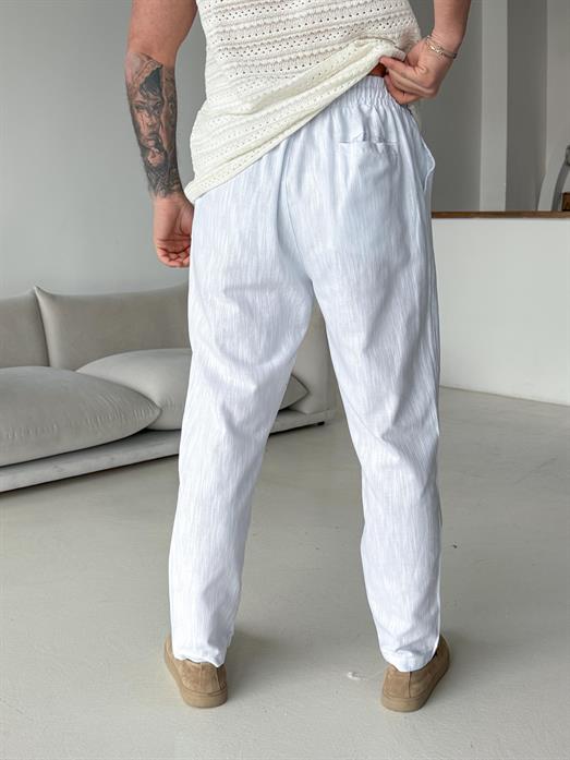 Beyaz Çizgi Keten Bağcıklı Pantalon LNS 23124
