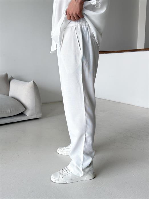 Beyaz Dokuma Keten Baggy Pantalon PLZ