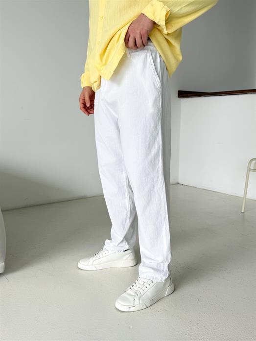 Beyaz Düğmeli Ham Keten Pantalon TK