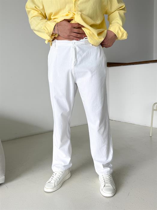 Beyaz Düğmeli Ham Keten Pantalon TK