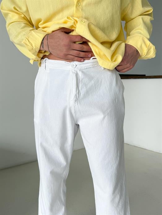 Beyaz Düğmeli Ham Keten Pantalon TK