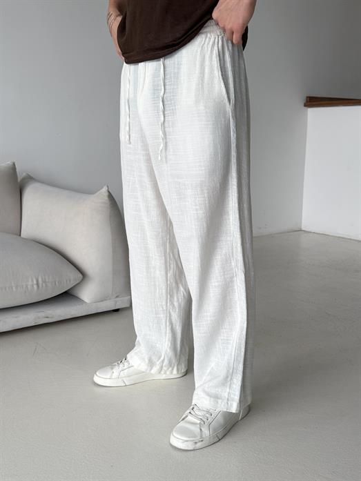 Ekru Keten Baggy Yarı Lastikli Pantalon PNC 4060