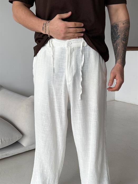 Ekru Keten Baggy Yarı Lastikli Pantalon PNC 4060