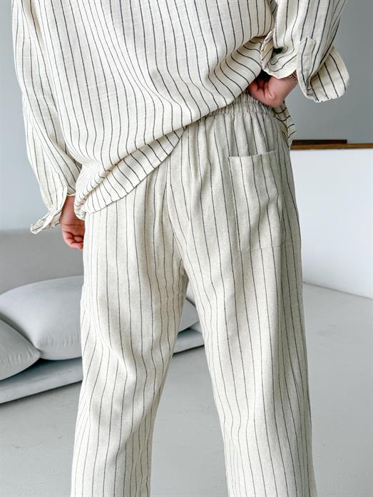 Ekru Keten Siyah Çizgili Bol Pantalon 23105 LNS