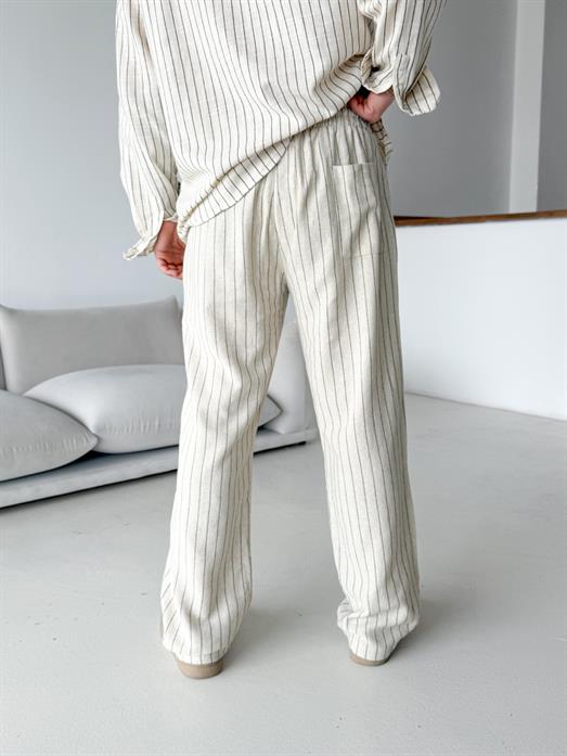 Ekru Keten Siyah Çizgili Bol Pantalon 23105 LNS