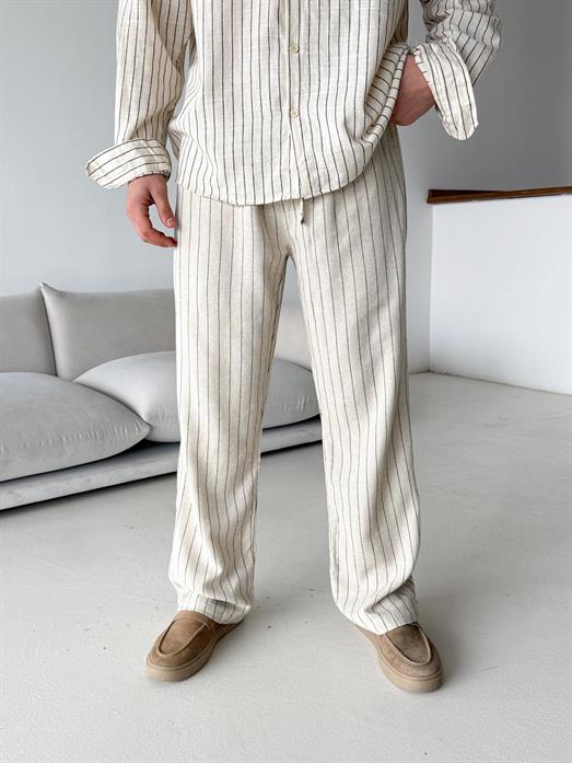 Ekru Keten Siyah Çizgili Bol Pantalon 23105 LNS