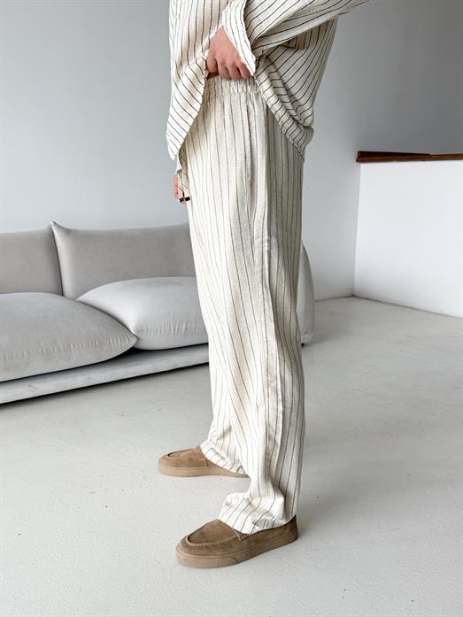 Ekru Keten Siyah Çizgili Bol Pantalon 23105 LNS