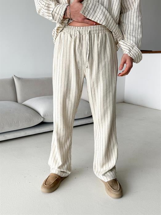 Ekru Keten Siyah Çizgili Bol Pantalon 23105 LNS
