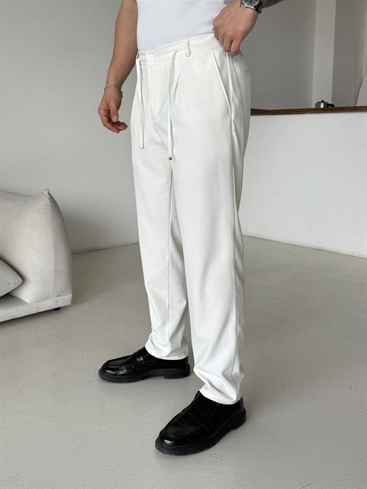 Ekru Pileli Lastikli Bağcıklı Regular Kumaş Pantalon SC