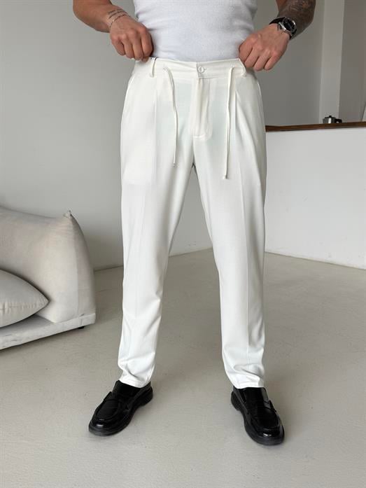 Ekru Pileli Lastikli Bağcıklı Regular Kumaş Pantalon SC