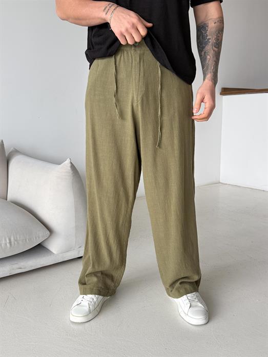 Haki Keten Baggy Yarı Lastikli Pantalon PNC 4060