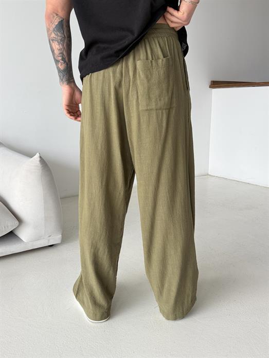 Haki Keten Baggy Yarı Lastikli Pantalon PNC 4060