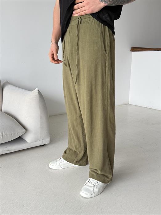 Haki Keten Baggy Yarı Lastikli Pantalon PNC 4060