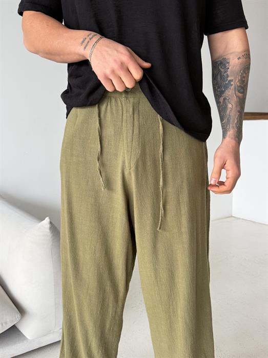 Haki Keten Baggy Yarı Lastikli Pantalon PNC 4060