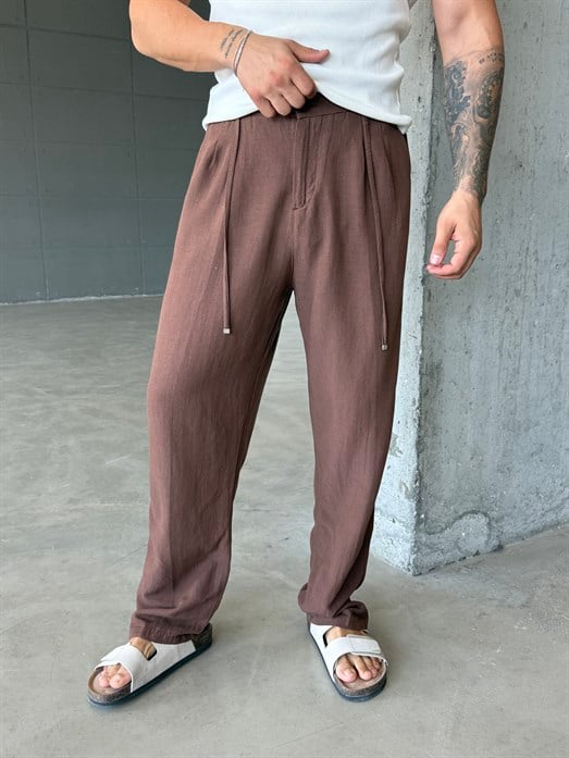 Kahve Bağcıklı Bol Keten Pantalon SNZ 1028