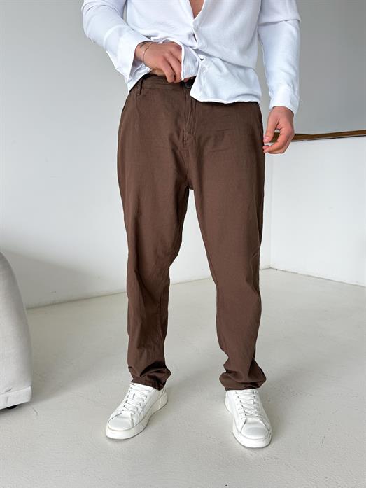 Kahve Bel Lastikli Keten Pantalon TK