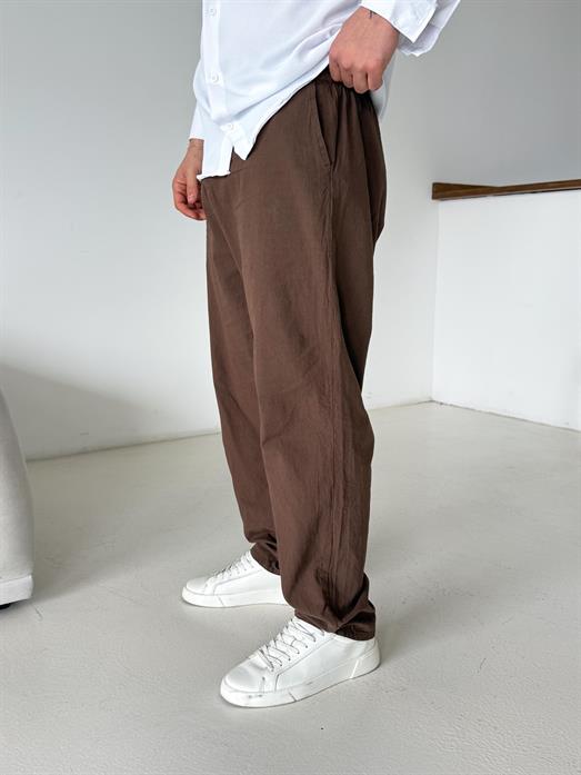 Kahve Bel Lastikli Keten Pantalon TK