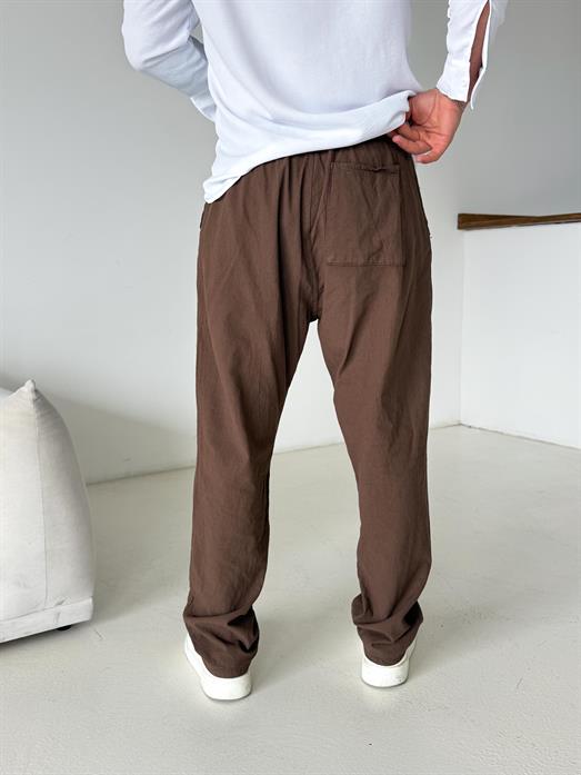Kahve Bel Lastikli Keten Pantalon TK