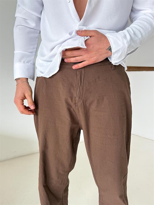 Kahve Bel Lastikli Keten Pantalon TK