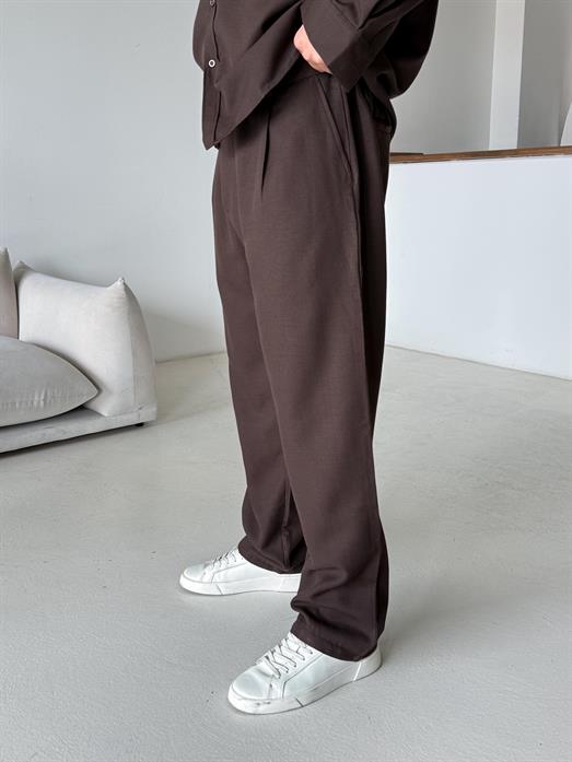 Kahve Dokuma Keten Baggy Pantalon PLZ