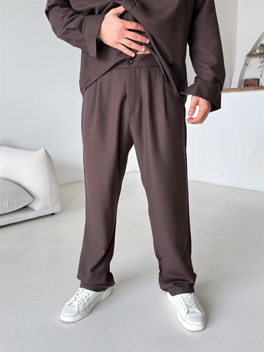 Kahve Dokuma Keten Baggy Pantalon PLZ